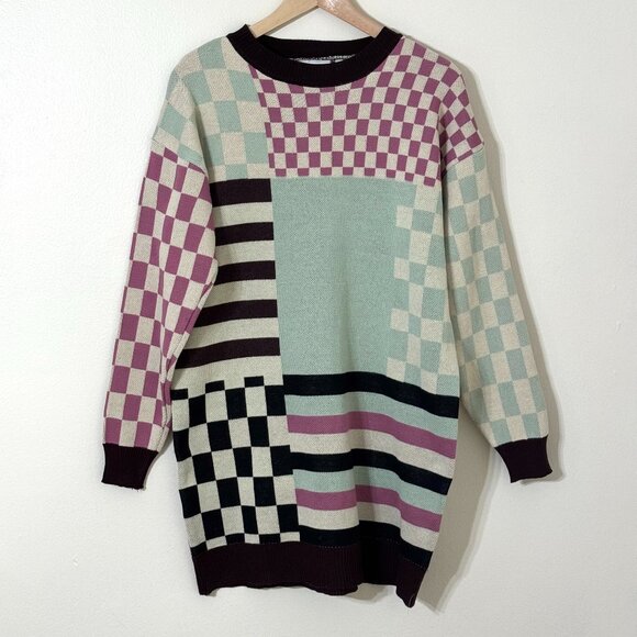 Daisy Street Patchwork Oversized Jumper Sweater Dress UK 8 US XS Stripe Checker - Picture 1 of 9